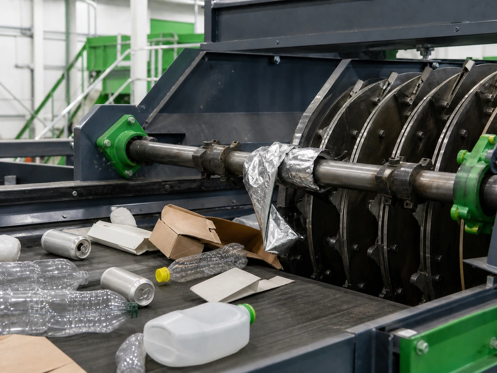 A silver flexible pouch wrapped around sorting machinery at a materials recovery facility.
