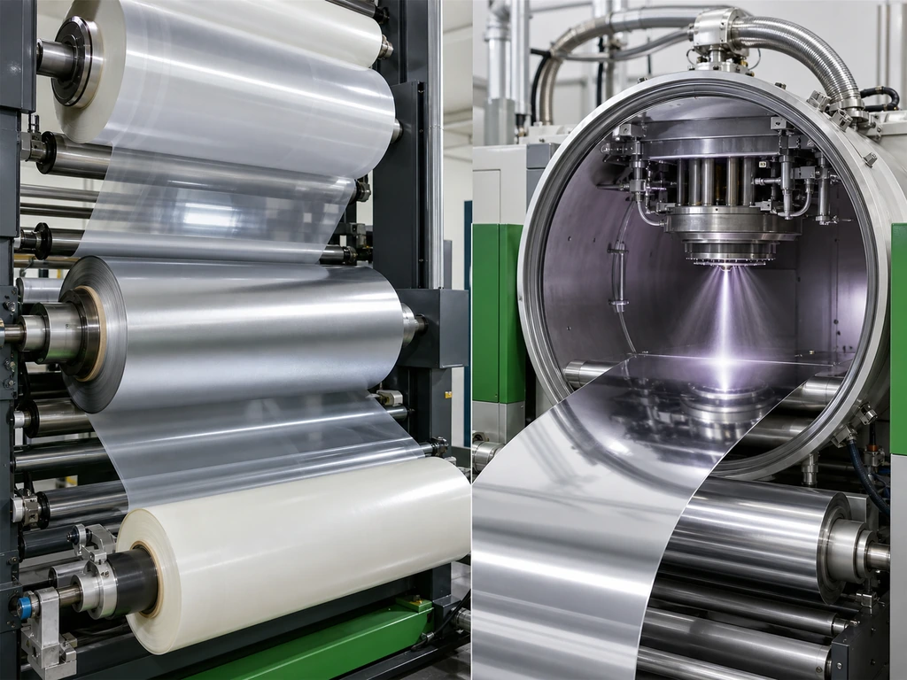 Side-by-side manufacturing view of solid aluminum foil lamination and vacuum-metallized PET film.