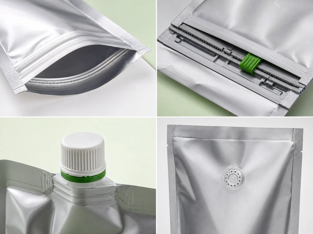 Close-up comparison of a resealable zipper, child-resistant closure, capped spout, and coffee degassing valve on Mylar pouches.