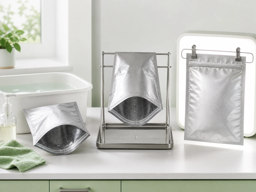 Three-stage Mylar pouch reuse workflow showing gentle washing, open-air drying, and backlit damage inspection.