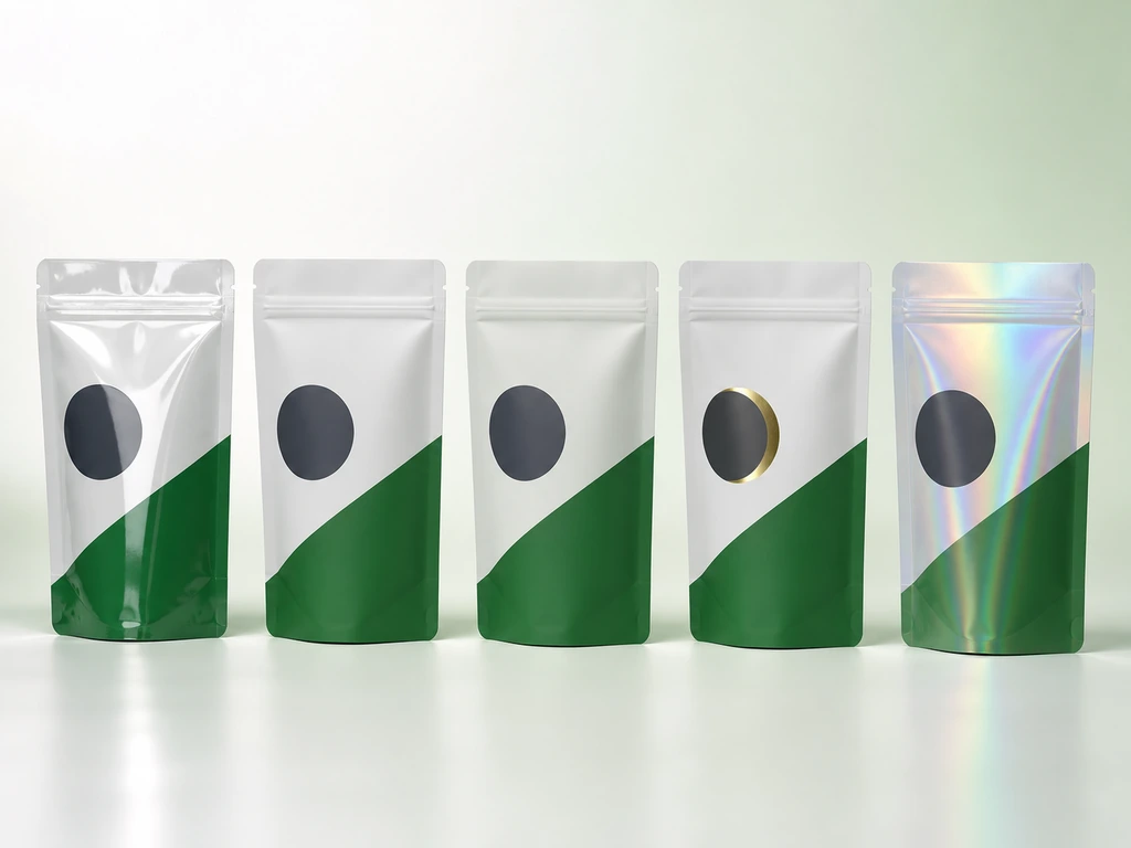 Five identical pouch designs shown with gloss, matte, soft-touch, selective gold foil, and holographic finishes.