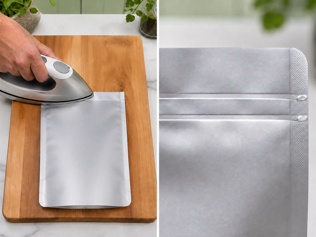Ein Mylar-Beutel wird auf einer Hartpappe heißverschweißt, daneben eine Nahaufnahme von zwei glatten, parallelen Schweißstreifen.