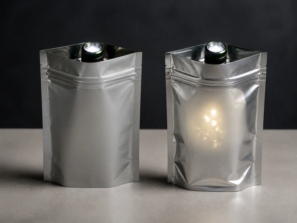 Flashlight test comparing an opaque foil-laminate pouch with a faintly glowing metalized-film pouch.