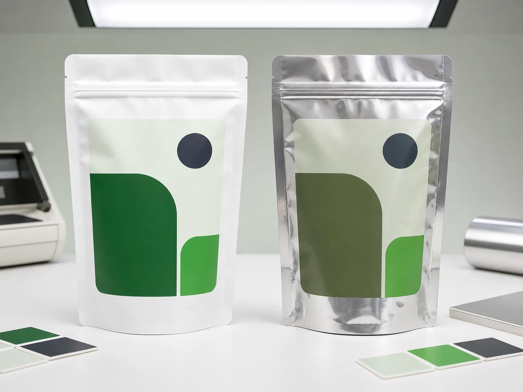 Identical green pouch artwork printed on white substrate and metallized film, showing a visible color and contrast shift.