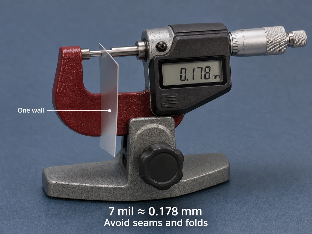 Digitales Mikrometer zur Messung einer einzelnen flachen Mylar-Folienwand mit einem Beispielwert von 0,178 Millimetern.