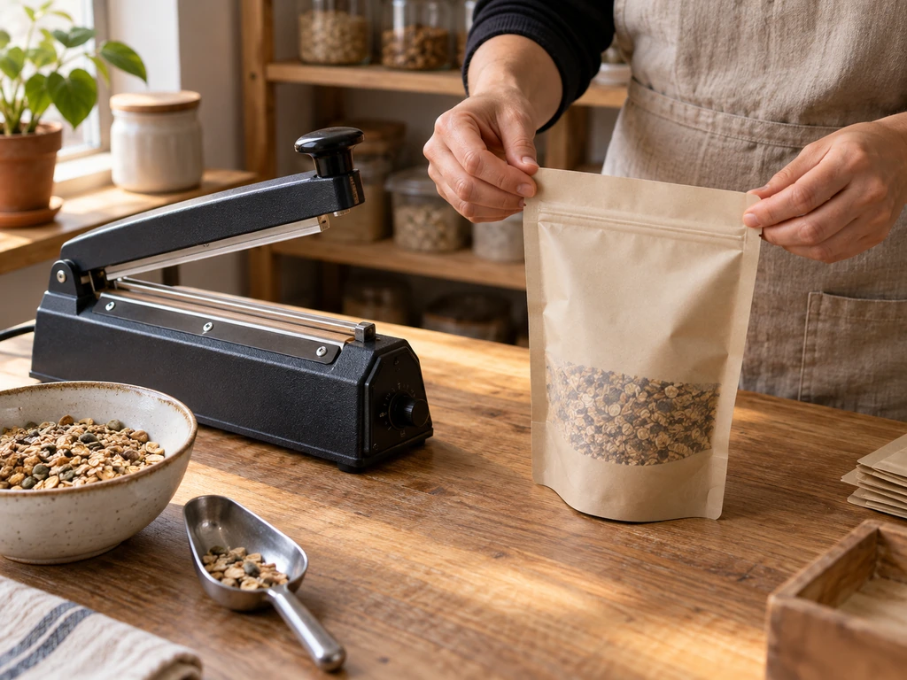 Operator flattening the clean top of a partly filled stand-up pouch beside an impulse sealer