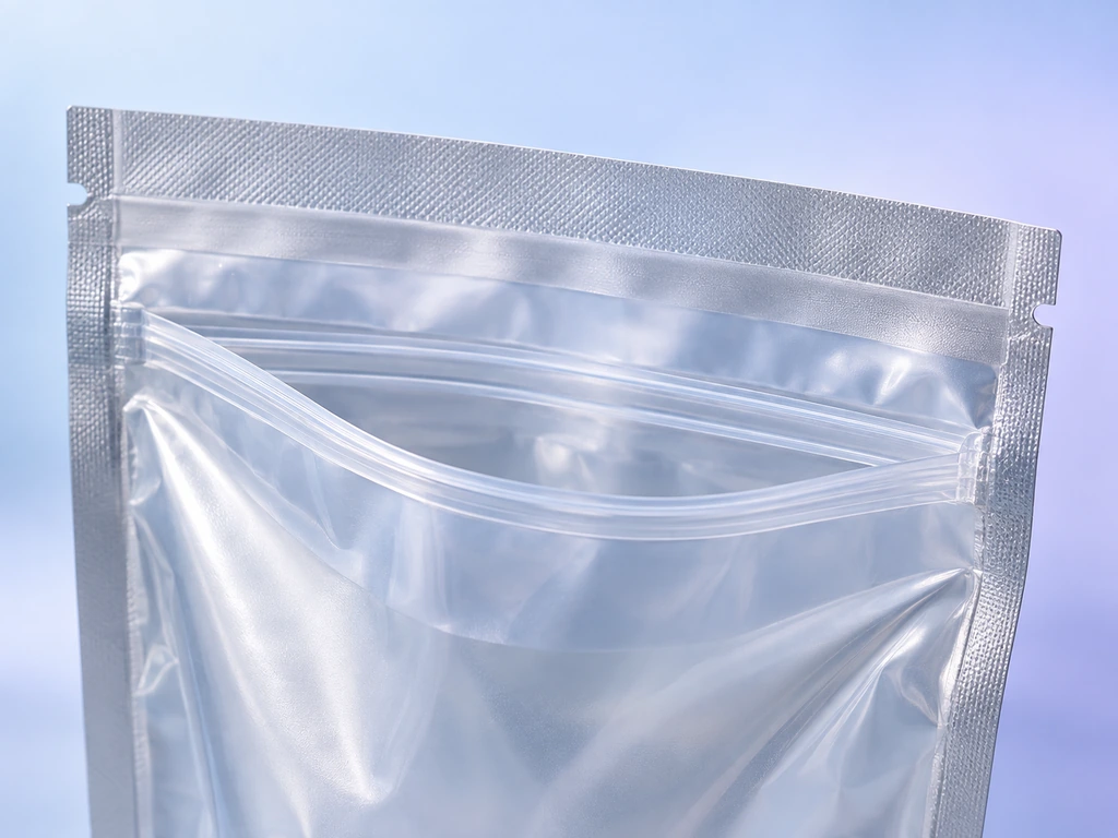 Macro view of a stand-up pouch showing the zipper below the permanent top heat seal