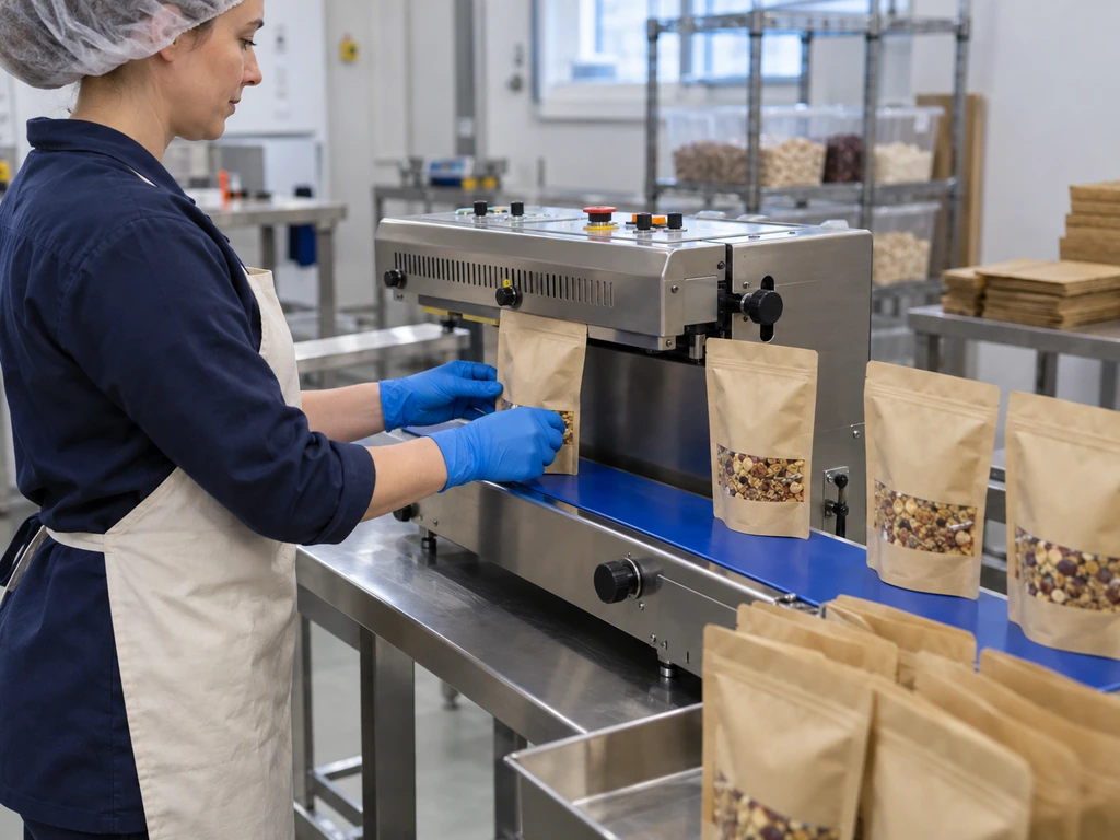 Operator feeding filled stand-up pouches through a continuous band sealer in a packaging room